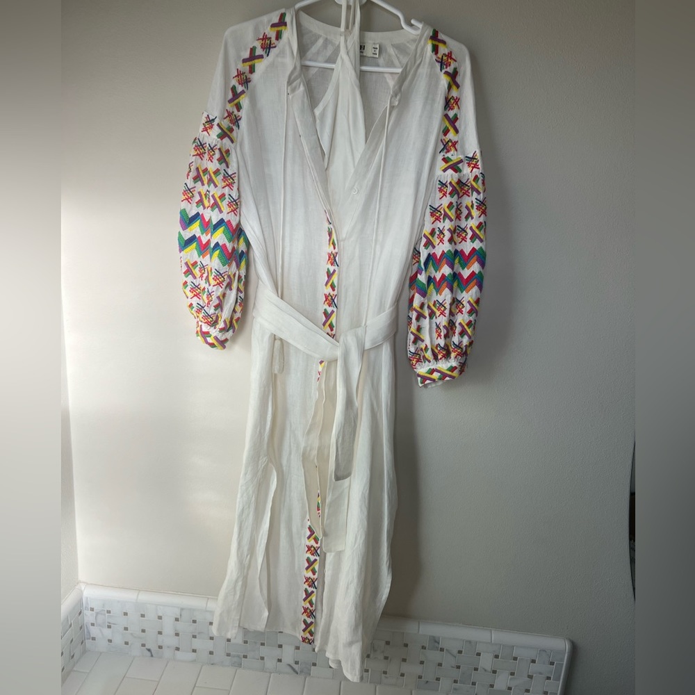 All things Mochi lined Mexican collection linen embroidered midi belted dress s